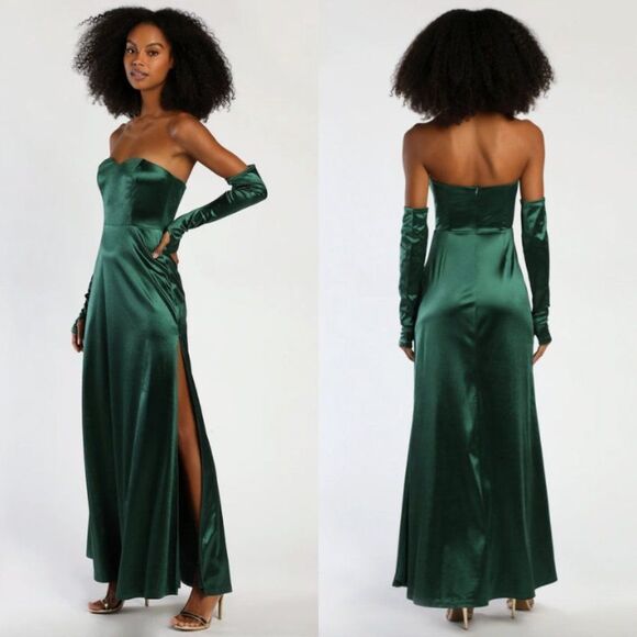 Lulus Dresses & Skirts - NWT Lulus emerald green jewel tone satin strapless high slit maxi dress gown